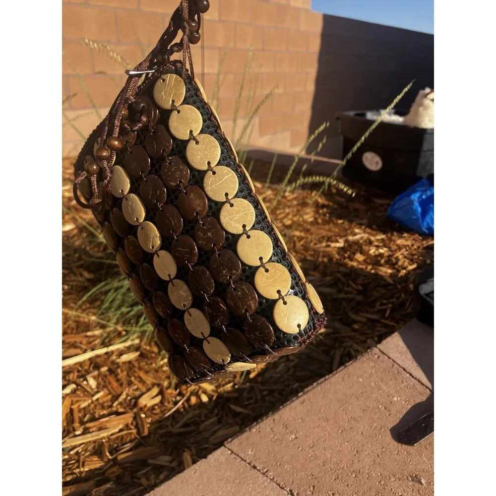 7”x5” Beaded Crossbody Bag Purse Beige Brown Smooth Beads